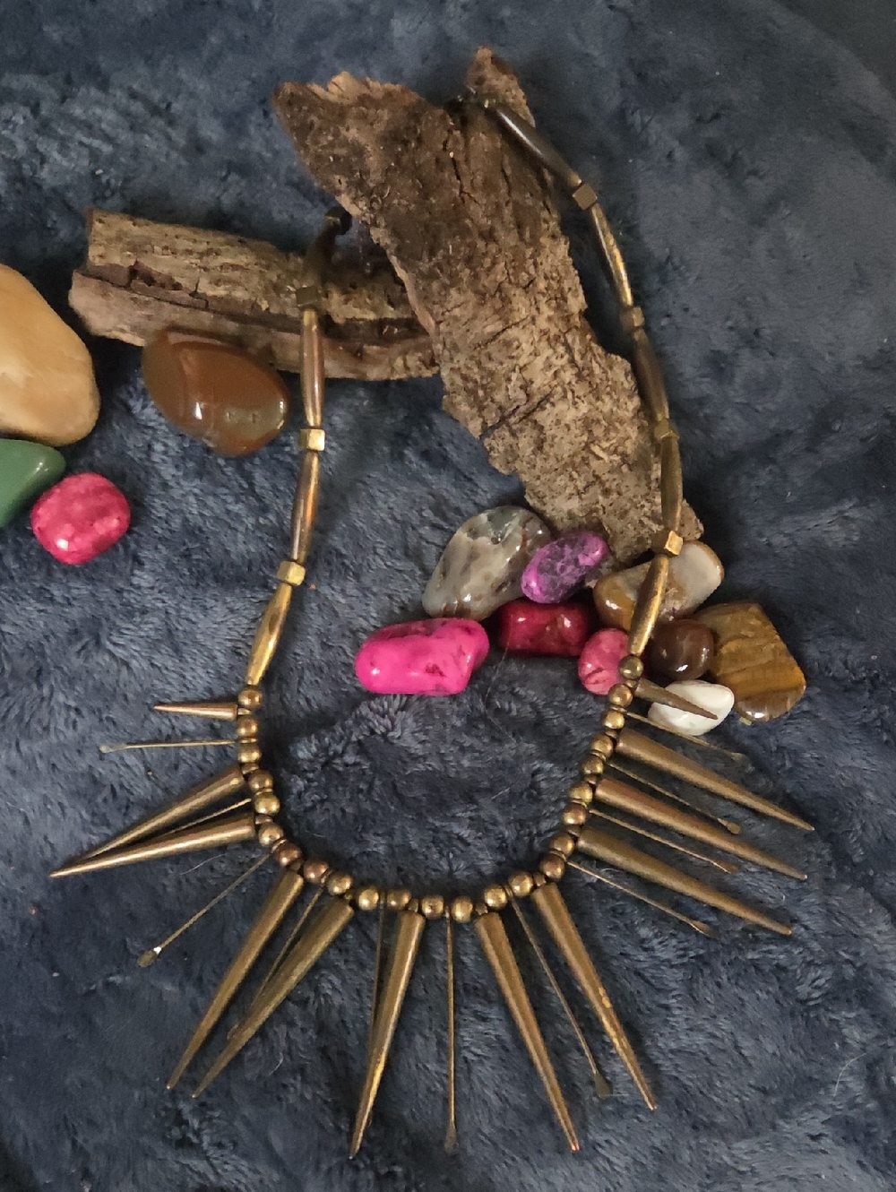 2/$35 Vintage Bronze Brutilist Fringe Bib Statement Necklace.
